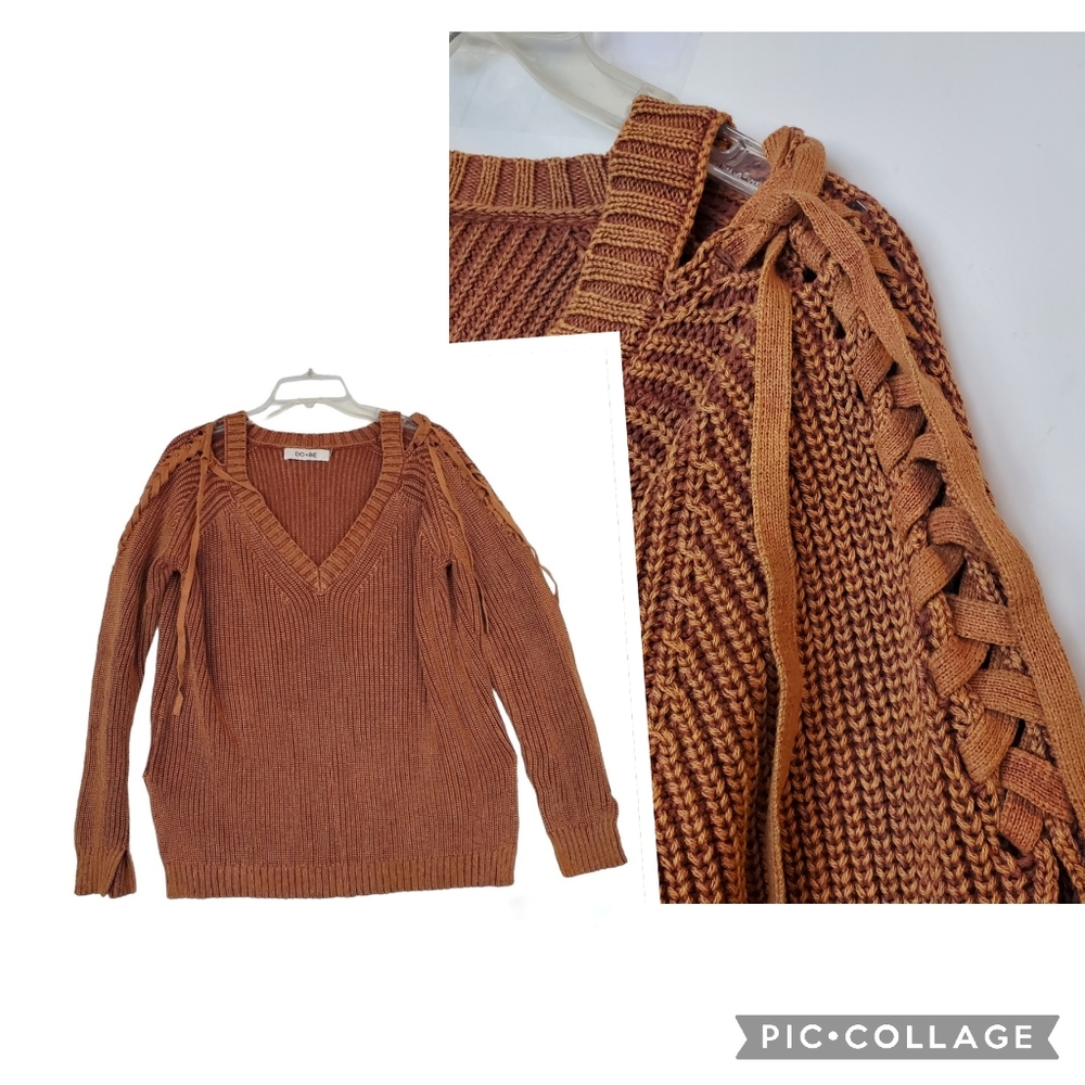 Braided Shoulder Sweater Split Cuff 100% Cotton Rust Brown EUC! Sz M
